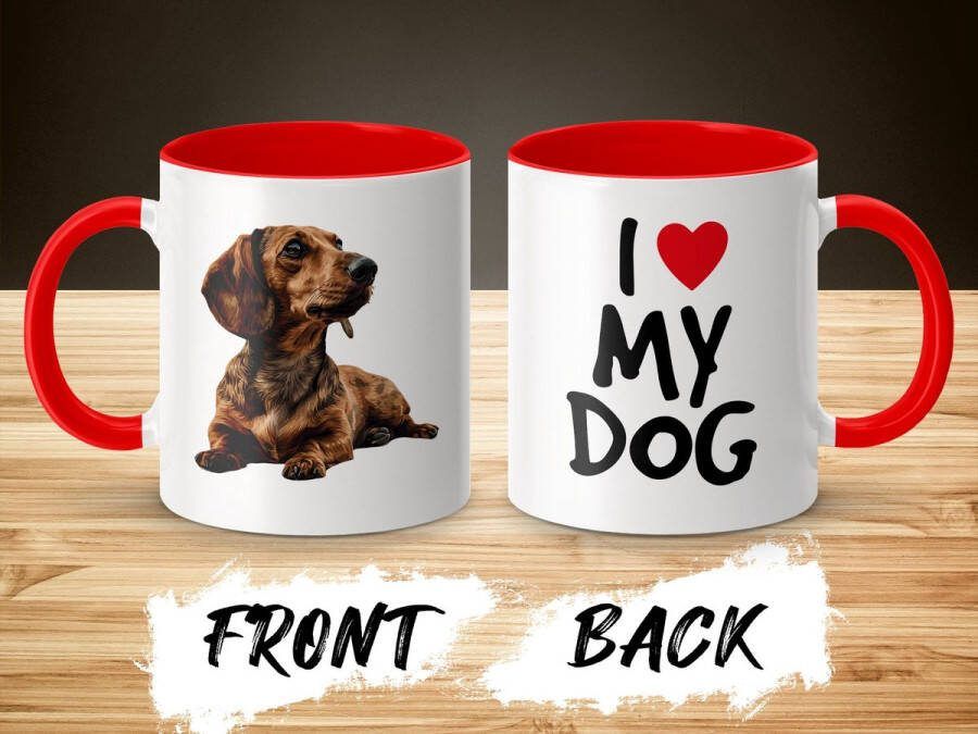 AAA+ Mok rood wit Dachshund dog I love my dog dog lover dogs ik hou van mijn hond hondenliefhebber honden