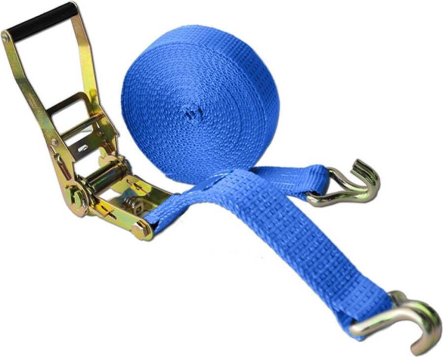 Aanhangwagendirect Blauwe spanband 20 meter lang en 5 cm breed 5000 kg breekbelasting inclusief haak en ratel