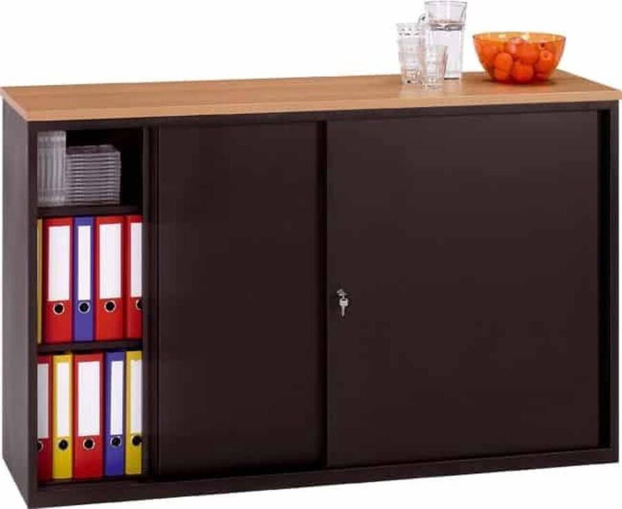 ABC Kantoormeubelen Lage schuifdeurkast 100x160x45 breed 160CM diep 45CM hoogte 100CM bladkleur Havanna framekleur Licht grijs (Ral 7035)