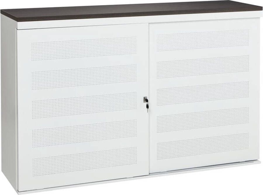 ABC Kantoormeubelen Schuifdeurkast met geperforeerde deuren breed 160CM diep 45CM hoogte 100CM bladkleur Havanna framekleur Wit (RAL9010)