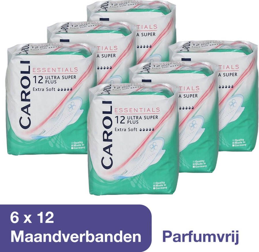 Abena Caroli Maandverband Voordeelverpakking 72 stuks Ultra Super Maandverband met Vleugels Parfumvrij 100% bescherming Snelle Absorptie Soft & Dry Toplaag Dermatologisch Getest 10 cm x 29 cm Nordic Swan Ecolabel