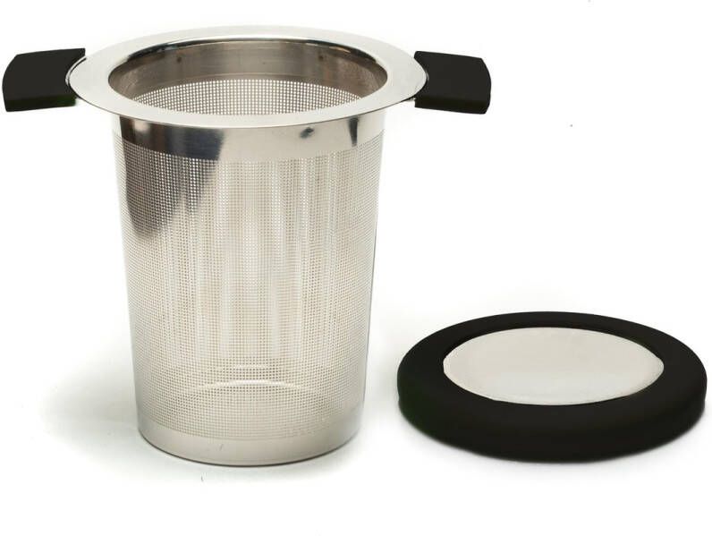 Abe's Tea Micro Theefilter Deksel Onderzetje uit Silicone Kleur Theezeef met 0.5mm Micro Filter voor Losse Thee Antislip Handvaten Pot & Mok Inox Roestvrij Staal Cerise