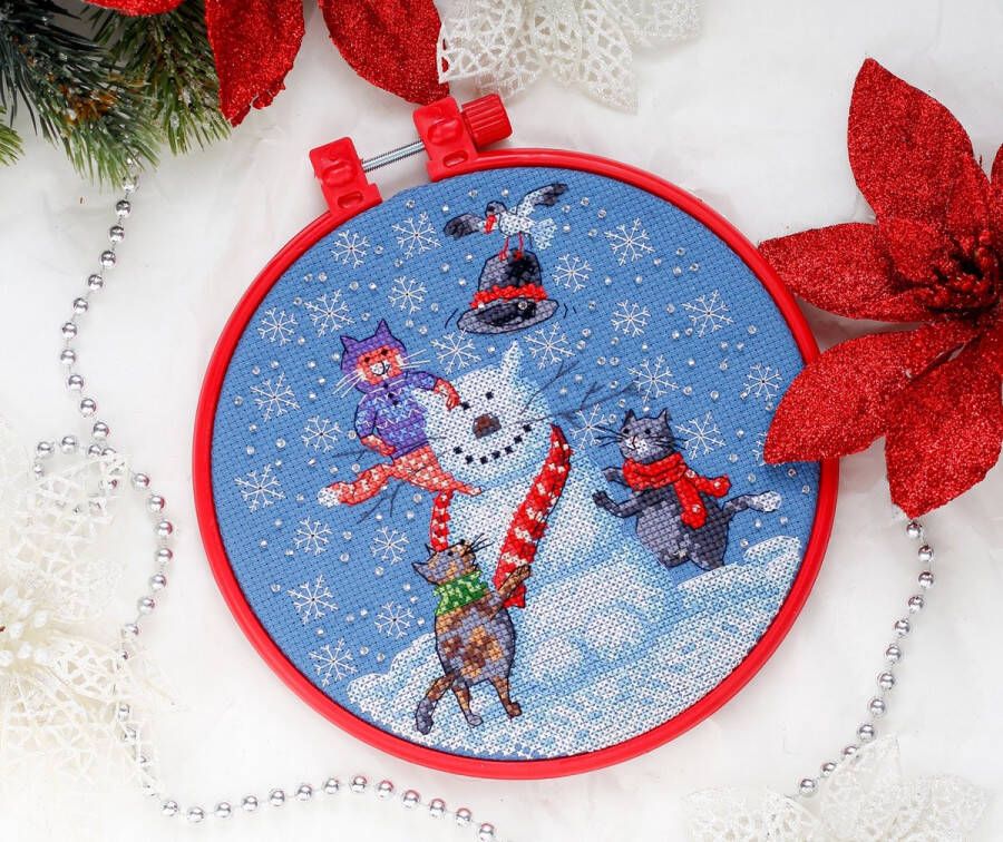 Abris Art Borduurpakket Snowman Cat Kerstman Kat telpatroon om zelf te borduren