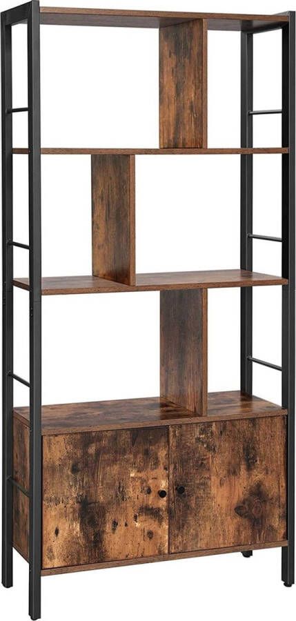 Acaza Boekenkast met 4 open Delen Kast met stevig stalen frame industrieel ontwerp vintage bruin-zwart