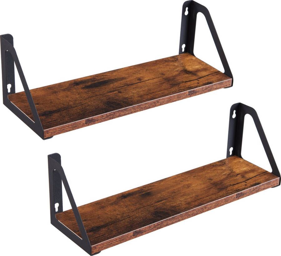 Acaza Set van 2 Wandplanken Zwevende Boeken Planken 40 x 12 x 11 Vintage Bruin Hout en Zwart Metaal