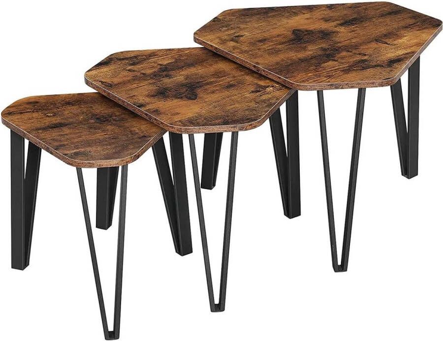 Acaza Set van 3 Salontafels voor de Woonkamer stapelbare Bijzettafels stevig en gemakkelijk te monteren stalen Frame industriële Stijl Vintage bruin en zwart