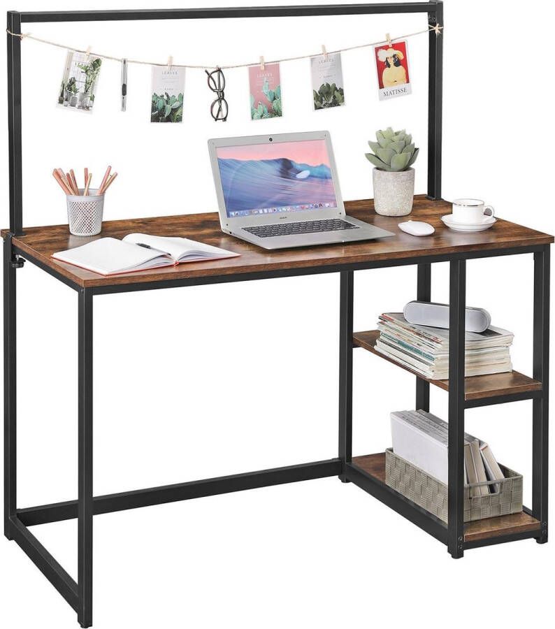 Acaza Vintage bureau met legplanken en decoratieve klem zwart metalen frame en bruin vintage hout kantoormeubel