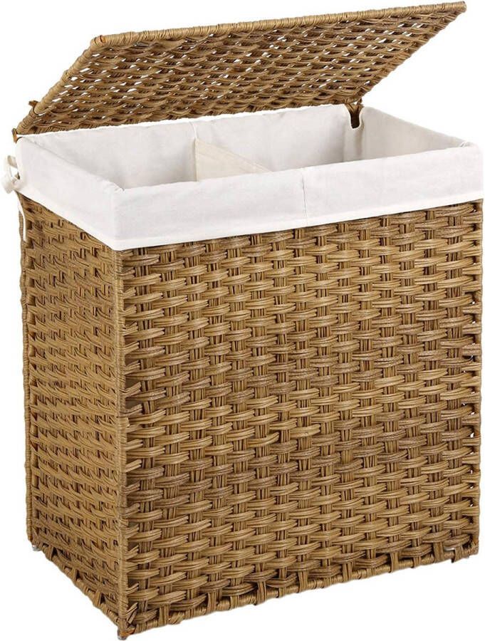 Acaza Geweven wasmand 2 vakken van elk 55 liter synthetische rotan 57x60x33 cm bruin