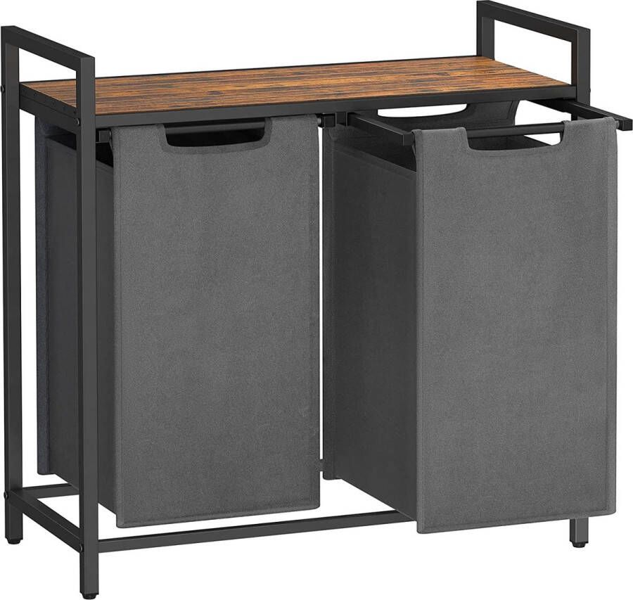 Acaza Wasmand Wasverzamelaar 2 vakken met Plank Wassorteerbak metalen Frame 2 uitneembare Vakken van Oxford Stof met Klittenbandsluiting Vintage Bruin-Grijs