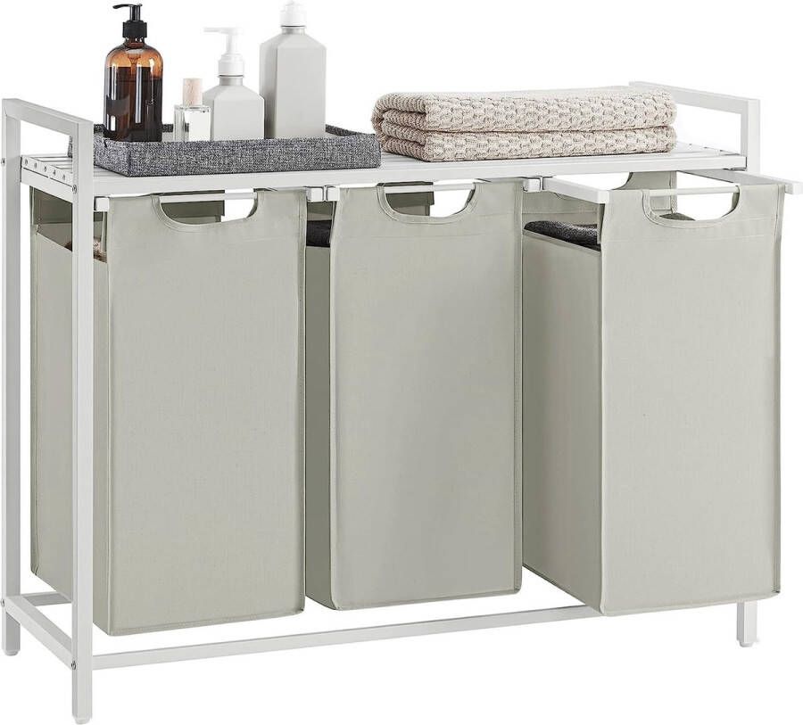 Acaza Wasmand 3 Vakken Wasverzamelaar met Plank Wasbox Waszak van Oxford-stof Uitneembaar metalen Frame 3 x 38 L 92 5 x 33 x 72 cm Wit