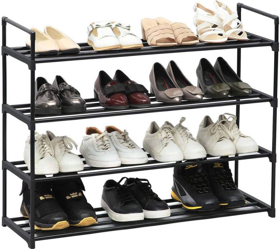 Acaza Zwart metalen Schoenenrek voor 16 paar Schoenen voor Woonkamer Hal Slaapkamer 4 Niveaus