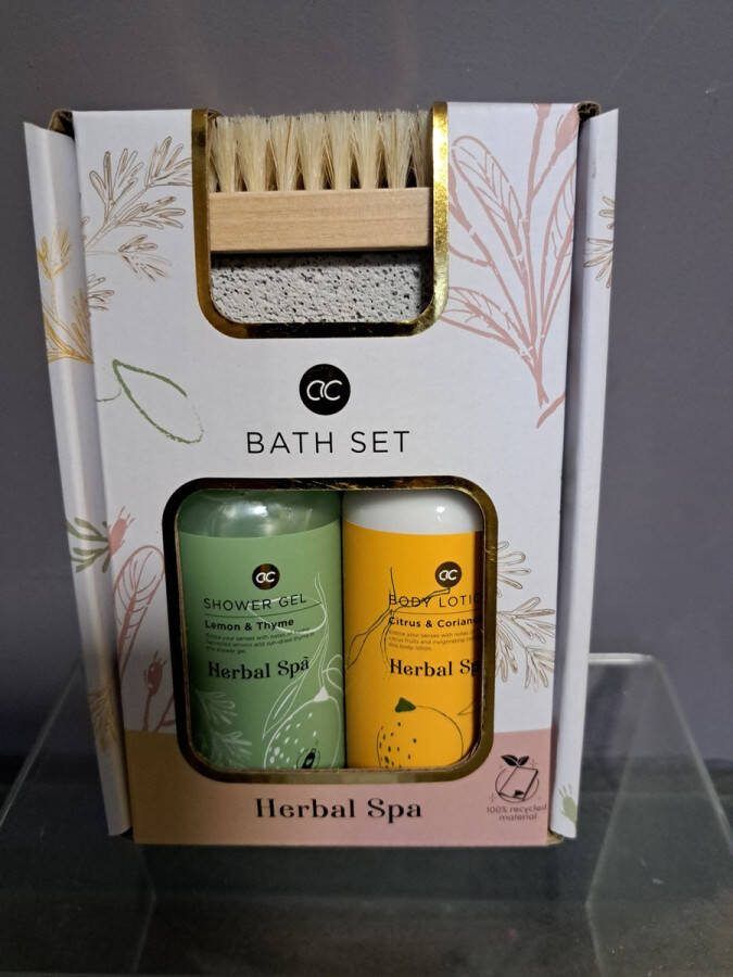 Accentra geschenk set herbal spa well beiing lemo thyme citrus koreander douche gel body lotion nagelborstel met puimsteen vegan parabenen vrij