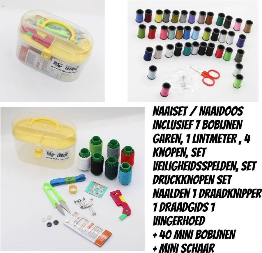 ACCESSOIRES LEDUC Naaiset Naaidoos Inclusief 7 Bobijnen Garen 1 lintmeter 4 knopen Set Veiligheidsspelden Set Drukknopen Set Naalden 1 Draadknipper 1 Draadgids 1 Vingerhoed + 40 Mini Bobijntjes + Mini Schaar