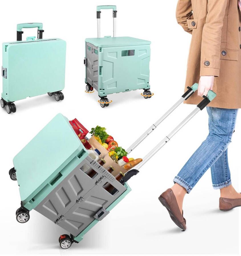 Acelectronic Boodschappentrolley inklapbaar transporttrolley tot 50 kg 50 l kist boodschappenmand met deksel uittrekbare aluminium handgreep 4 360° draaibare rubberen wielen 100 x 41 x 35 cm (groen-grijs)