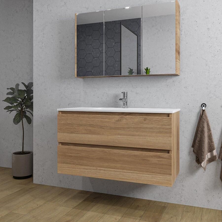 Adema Chaci Badkamermeubelset 100x46x57cm 1 keramische wasbak wit 1 kraangat 2 lades Spiegelkast eiken