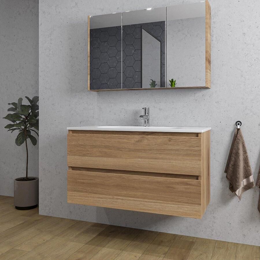 Adema Chaci Badkamermeubelset 100x46x57cm 1 ovale keramische wasbak wit 1 kraangat 2 lades Spiegelkast eiken
