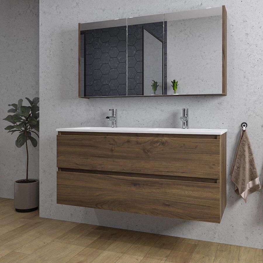 Adema Chaci Badkamermeubelset 120x46x57cm 2 keramische wasbakken wit 2 kraangaten 2 lades Spiegelkast noten (hout)