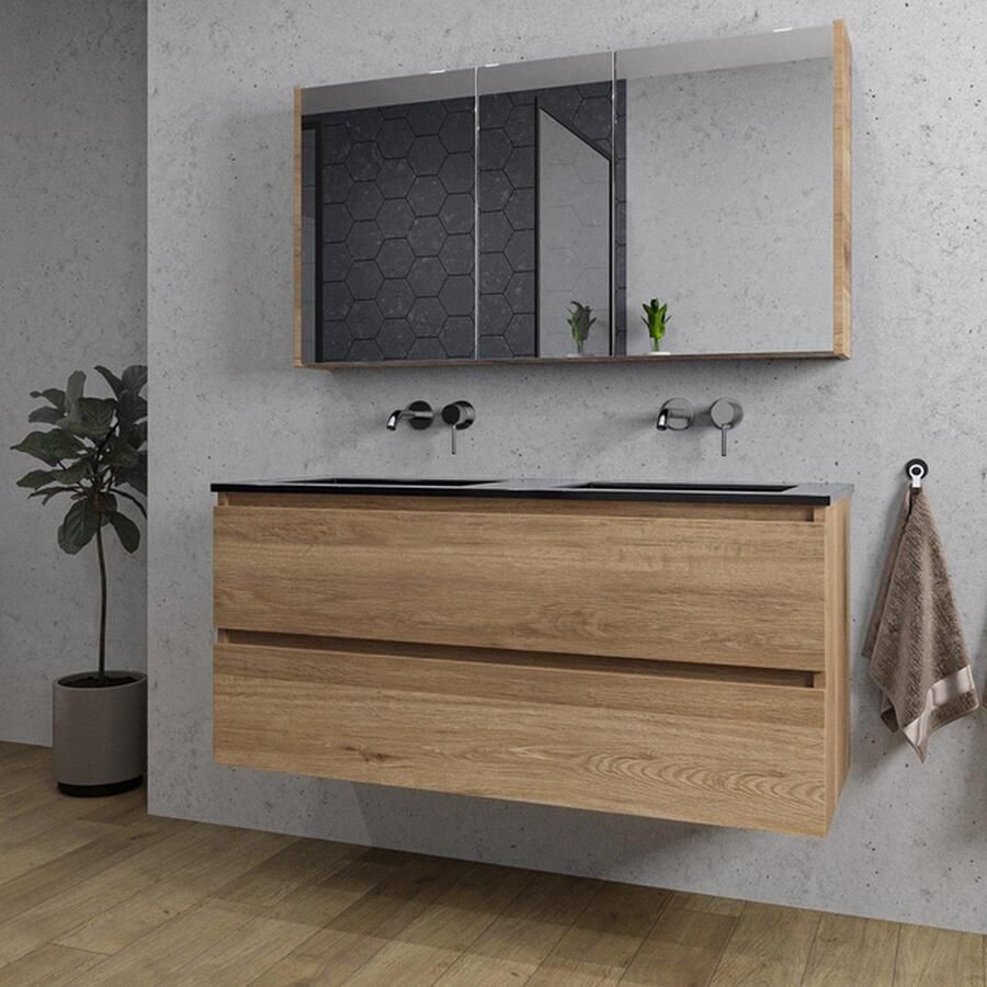 Adema Chaci Badkamermeubelset 120x46x57cm 2 keramische wasbakken zwart zonder kraangaten 2 lades Spiegelkast eiken