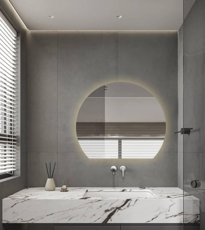 Adema Aura Badkamerpiegel 120x102.4cm Halfrond horizontale verticale plaatsing indirecte LED verlichting Spiegelverwarming Infrarood