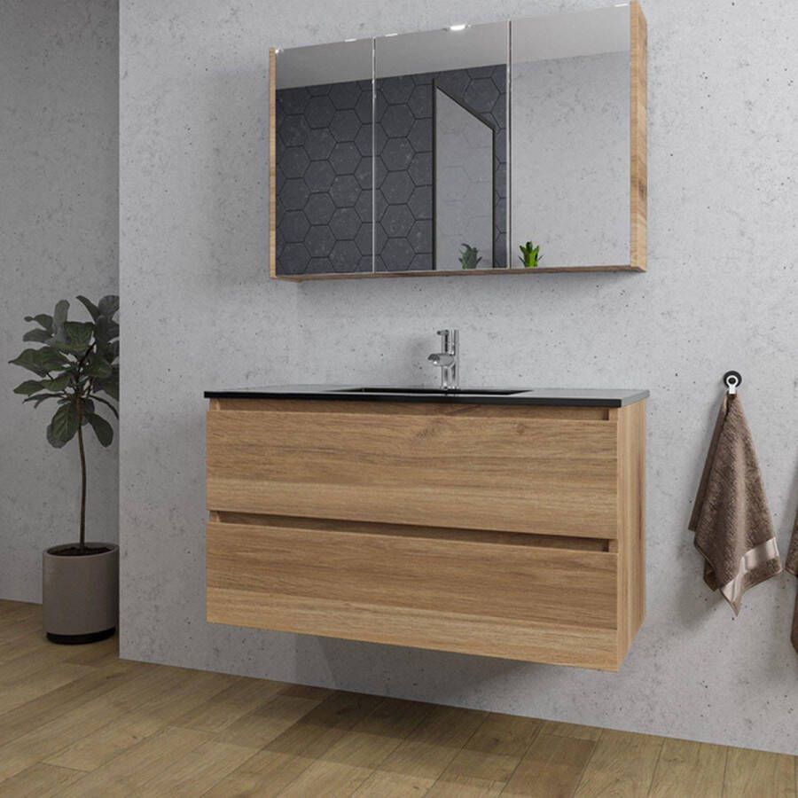 Adema Chaci Badkamermeubelset 100x46x57cm 1 keramische wasbak zwart 1 kraangat 2 lades Spiegelkast eiken