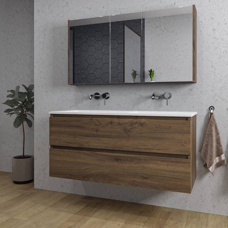 Adema Chaci Badkamermeubelset 120x46x57cm 2 keramische wasbakken wit zonder kraangaten 2 lades Spiegelkast noten (hout)