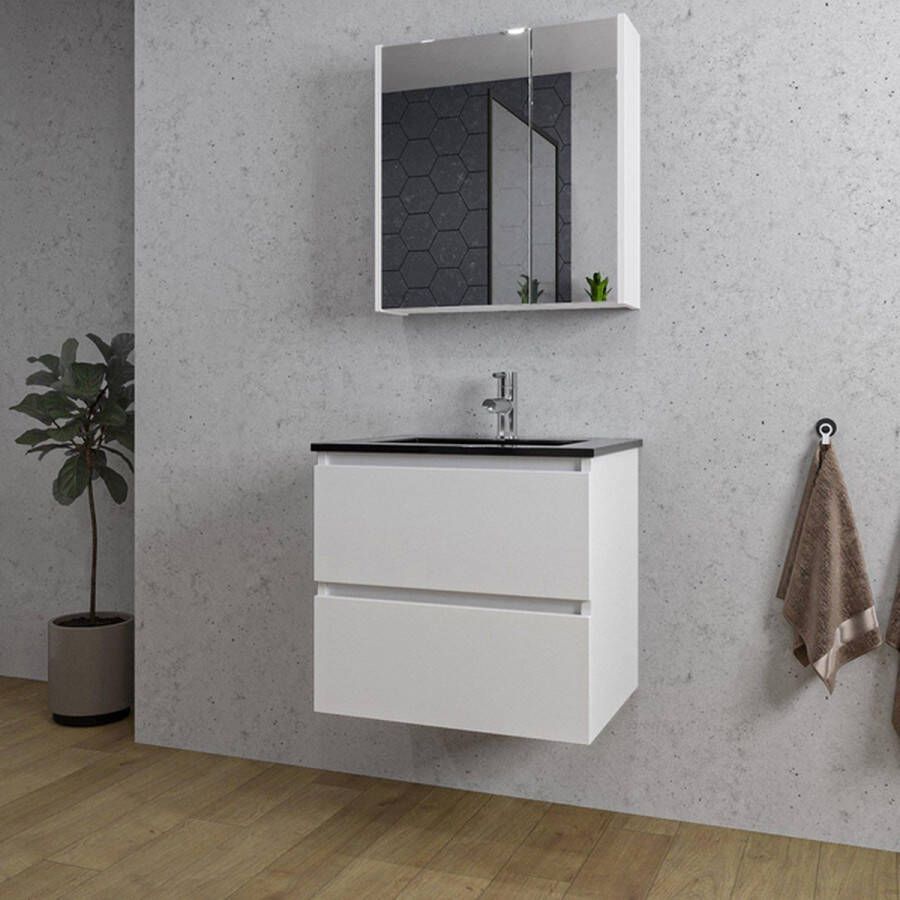 Adema Chaci Badkamermeubelset 60x46x57cm 1 keramische wasbak zwart 1 kraangat 2 lades Spiegelkast mat wit