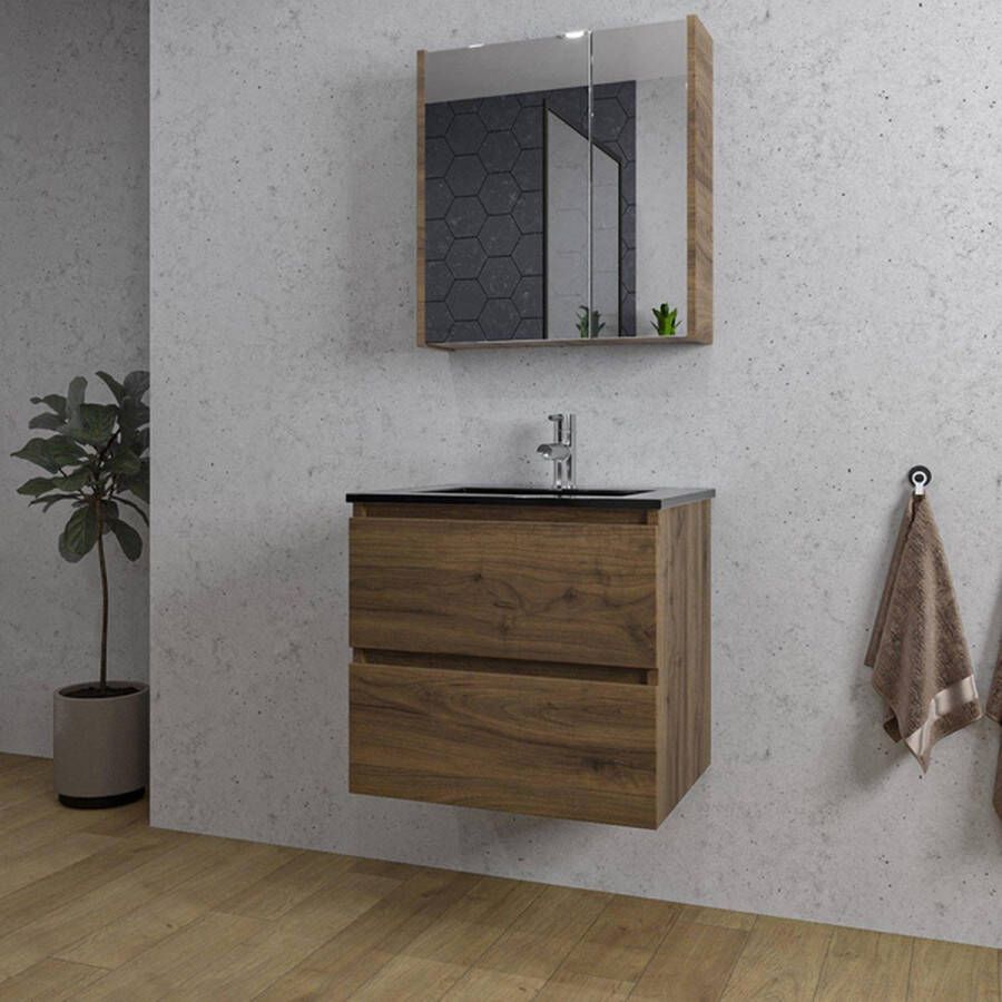 Adema Chaci Badkamermeubelset 60x46x57cm 1 keramische wasbak zwart 1 kraangat 2 lades Spiegelkast noten (hout)