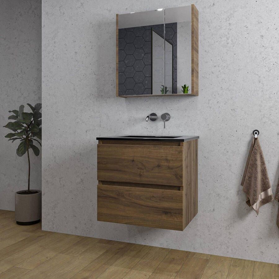 Adema Chaci Badkamermeubelset 60x46x57cm 1 keramische wasbak zwart zonder kraangaten 2 lades Spiegelkast noten (hout)