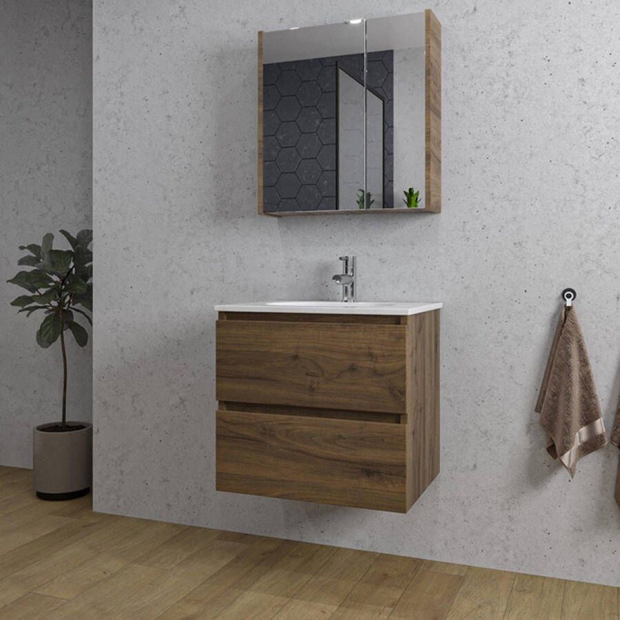 Adema Chaci Badkamermeubelset 60x46x57cm 1 ovale keramische wasbak wit 1 kraangat 2 lades Spiegelkast noten (hout)