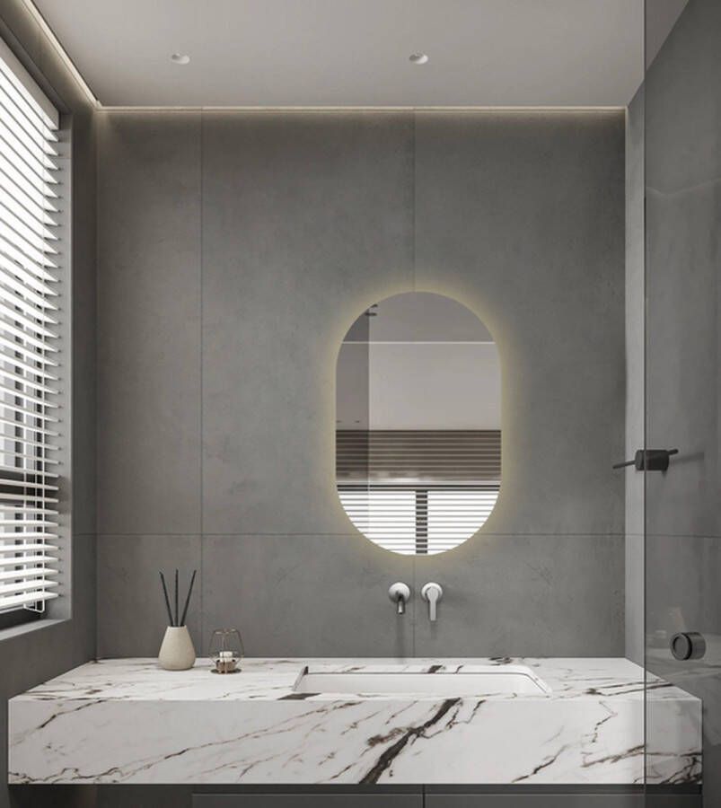 Adema Shine Badkamerpiegel 50x80cm Ovaal horizontale verticale plaatsing indirecte LED verlichting Spiegelverwarming Infrarood