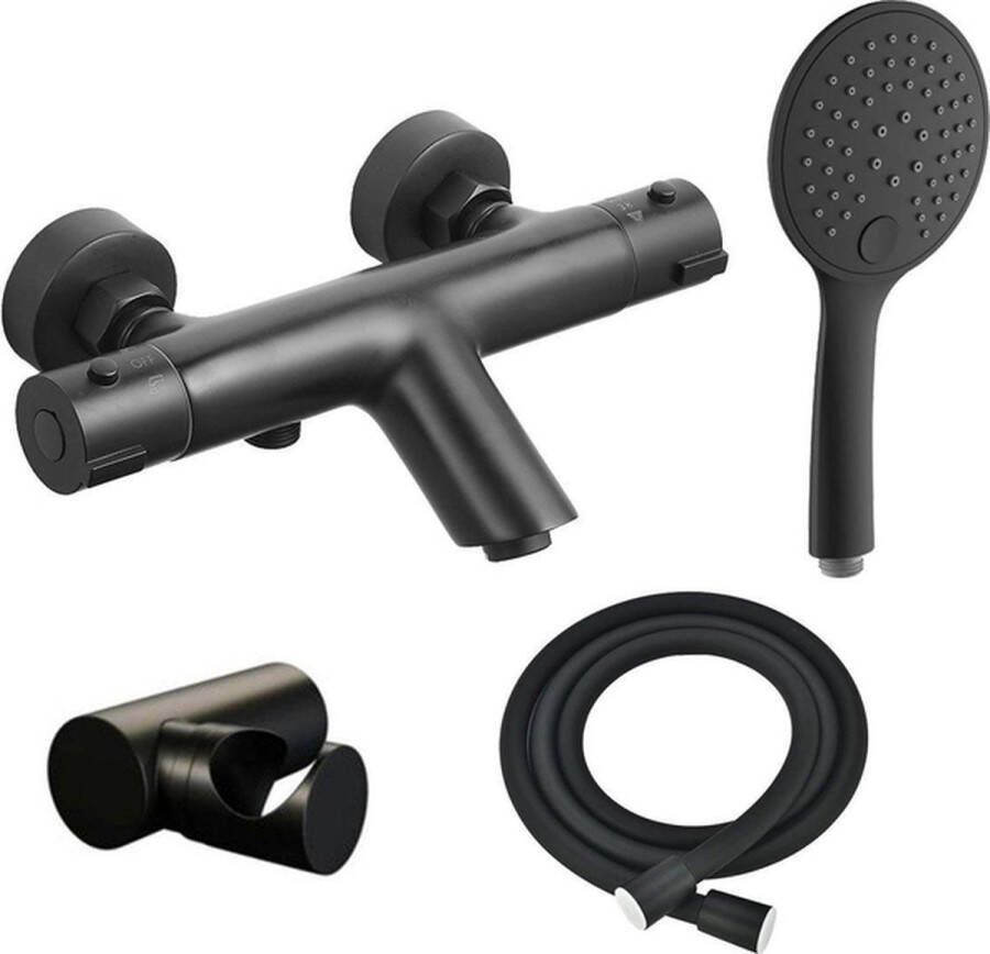 Adema Sparkle 2.0 thermostatische bad- douchekraan met handdouchehouder doucheslang en 3-standen handdouche mat zwart