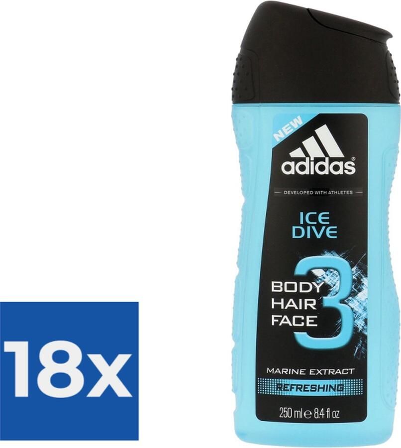 Adidas Douche & Shampoo Men Ice Dive 250 ml. Voordeelverpakking 18 stuks