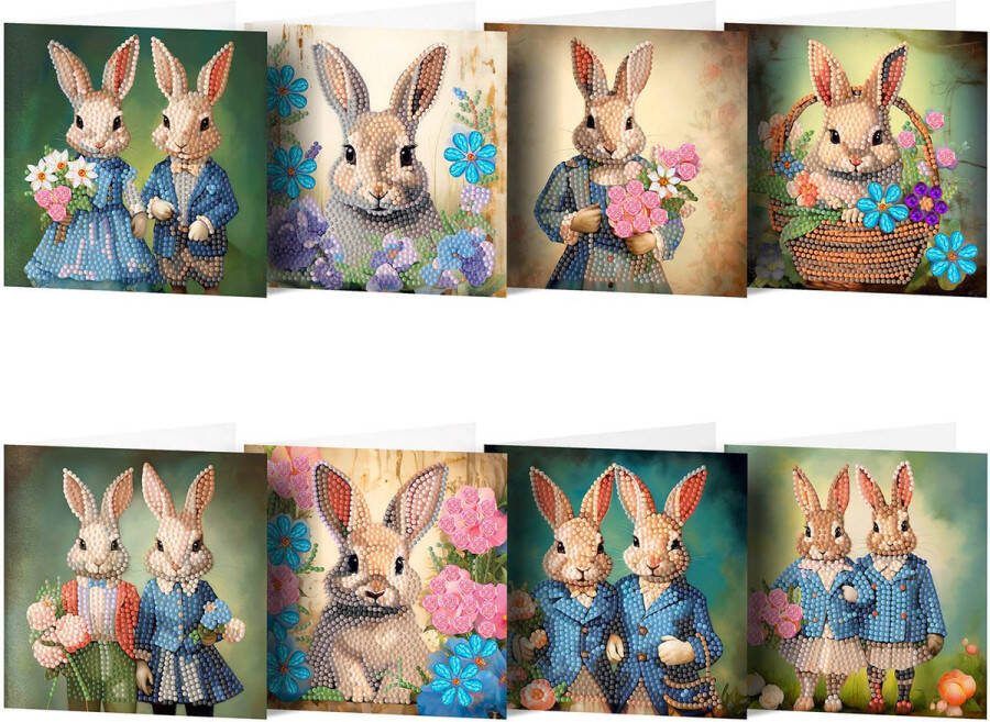 Adorzy Diamond Painting Kaarten Konijnen Pasen – 8 Wenskaarten met envelop Diamond Painting Volwassenen – Diamond Painting Volledig Pakket