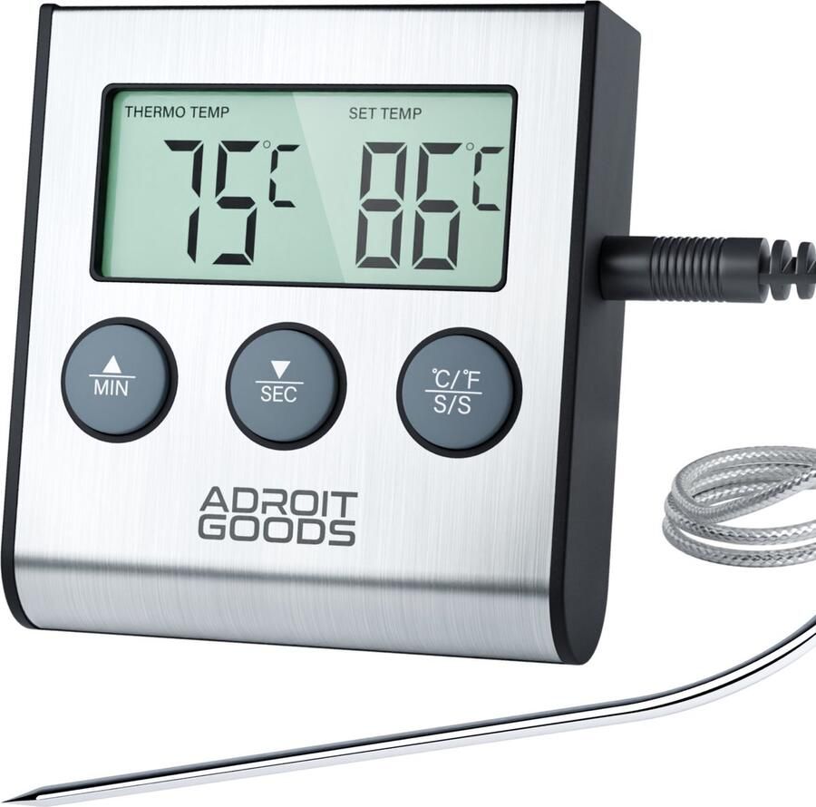 AdroitGoods BBQ Keukenthermometer Digitaal – Vleesthermometer – Met timer Magnetisch RVS