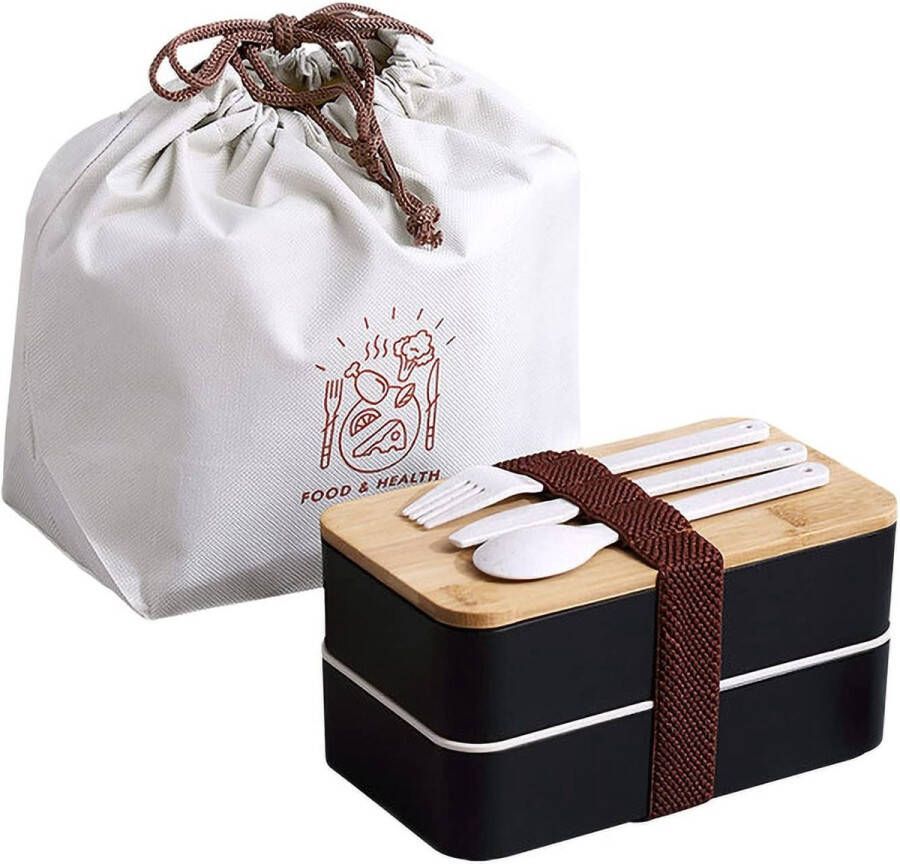 AEIWUMOK Lunchbox Bento Box voor het vervoer van maaltijden design broodtrommel voor school en werk voor kinderen en volwassenen 3-delig bestek lunchtrommel met deksel 2 vakken luchtdicht zwart
