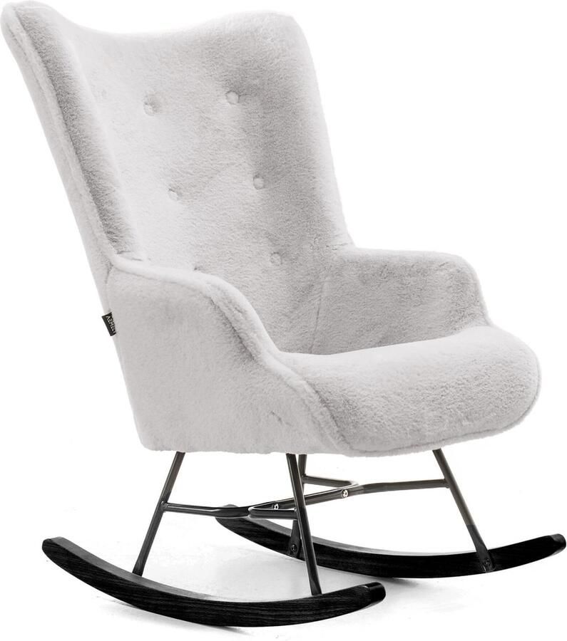 Aemely Schommelstoel Mama – Grijs imitatiebont – Zwart hout en staal Schommelstoel babykamer Fauteuil Hoge rugleuning