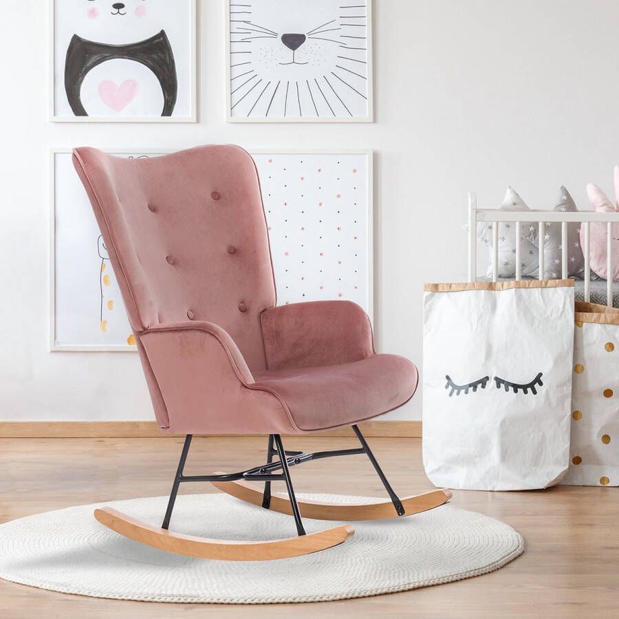 Aemely Schommelstoel Steerne – Roze velvet Hout en staal Schommelstoel babykamer Fauteuil Hoge rugleuning