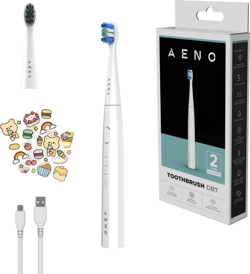 AENO DB7 Sonische tandenborstel Ook voor kinderen 3 standen 1 Opzetborstel 30000 tpm 100 dagen zonder opladen IPX7 Wit