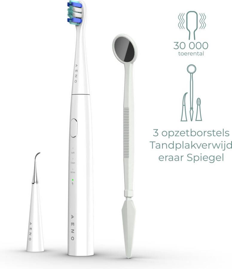 AENO DB8 Sonische tandenborstel Plak Verwijderaar Spiegel Ook voor kinderen 3 standen 3 Opzetborstels 30000 tpm 100 dagen zonder opladen IPX7 Wit