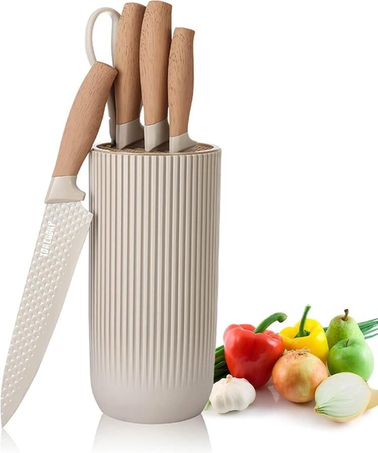 AestheticDreams Messenset Aesthetic Khaki Scherpe Antiaanbaklaag Roestvrijstalen Messenset 6-delig Koksmes Vleesmes Keukenmessen Messenblok