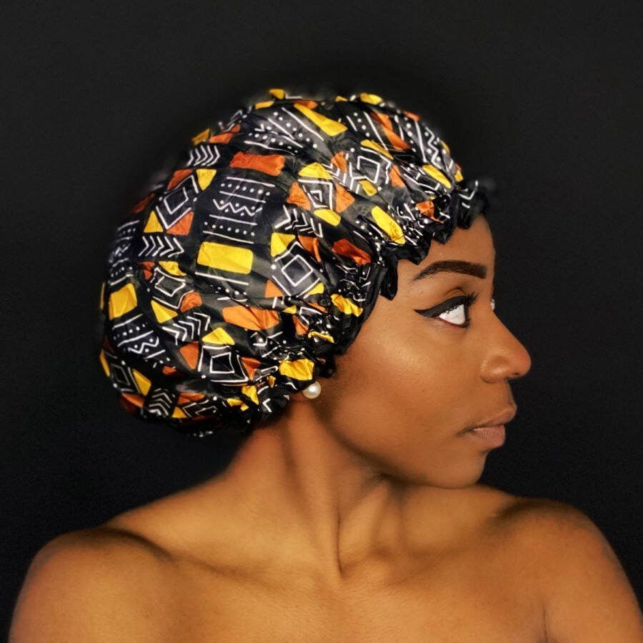 AfricanFabs Luxe Grote Douchemuts Shower cap Douchekapje Douche cap voor vol haar krullen afro van Bruin Beige bogolan