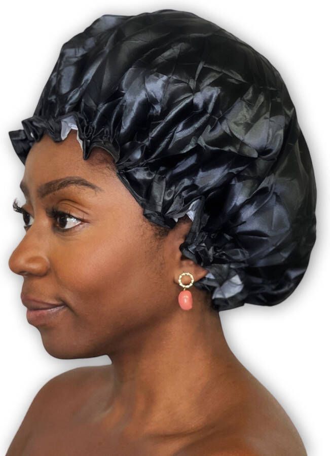 AfricanFabs Luxe Grote Douchemuts Shower cap Douchekapje Douche cap voor vol haar krullen afro Zwart