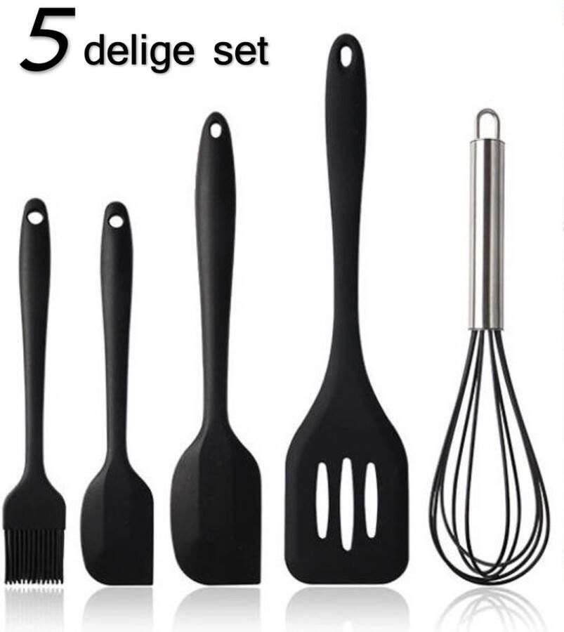 Afecto 5 delige set keukengerei zwart borstel- klopper 2x spatel bakspaan ophangbaar