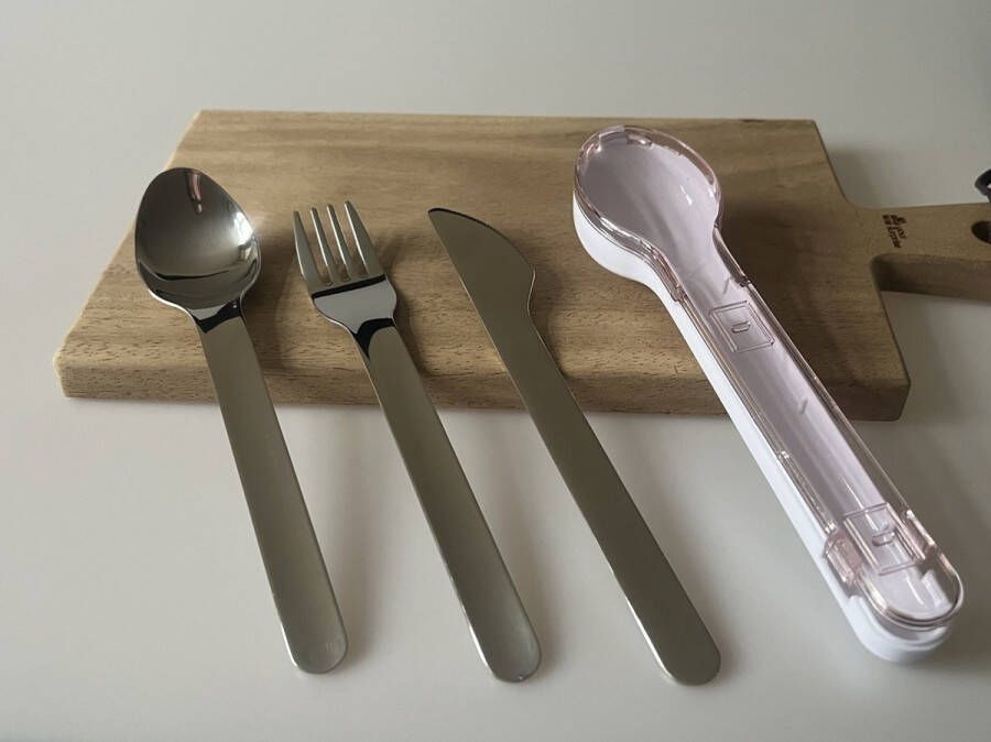 Afecto bestekset to go RVS vork-mes-lepel- in handige siliconen roze beschermhoes- gemakkelijk schoon te maken