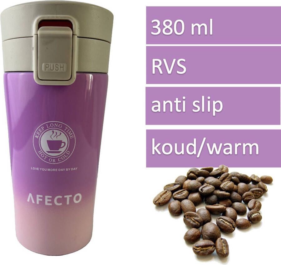 Afecto koffiebeker to go coffee to go beker paars roze thermosbeker 380ml dubbelwandig RVS