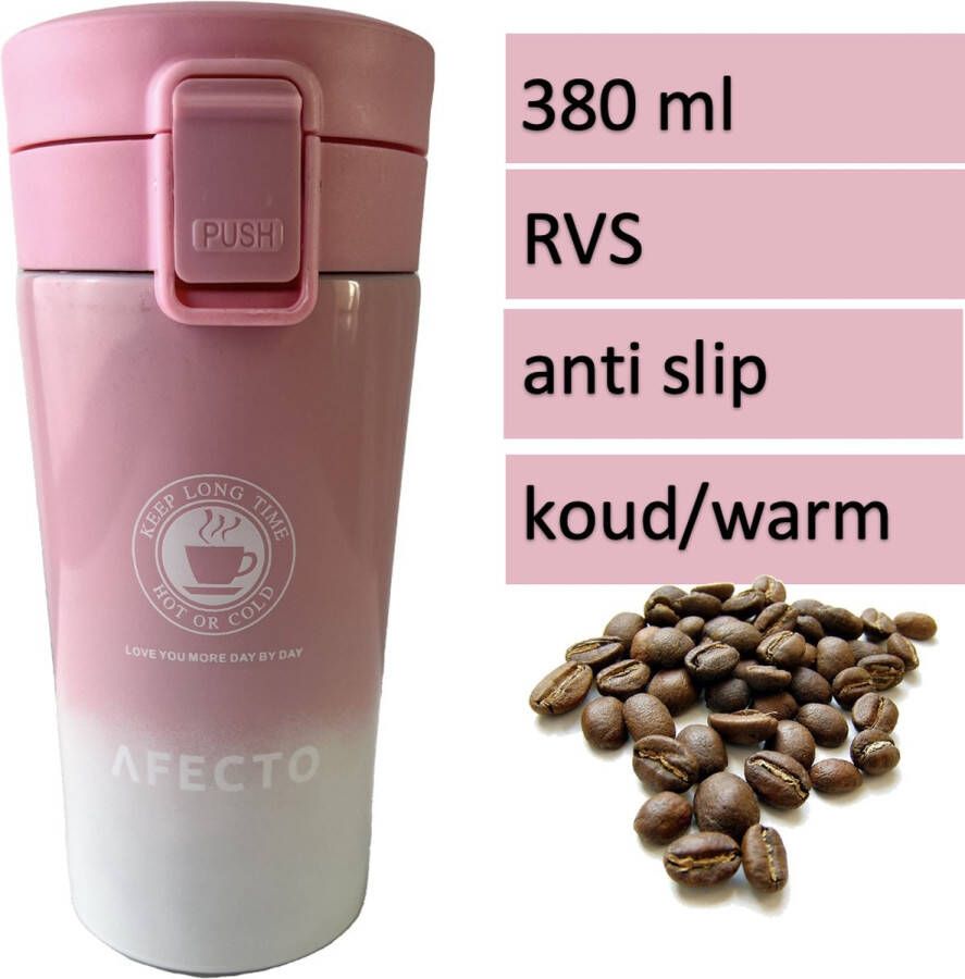 Afecto koffiebeker to go coffee to go beker roze wit thermosbeker 380ml dubbelwandig RVS