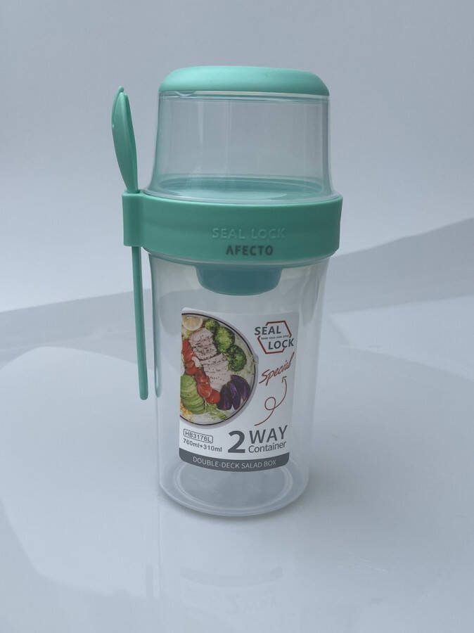 Afecto muesli to go beker mint groen lekvrij yoghurt salade mee nemen 760 + 310ml compleet met vork en saus bekertje