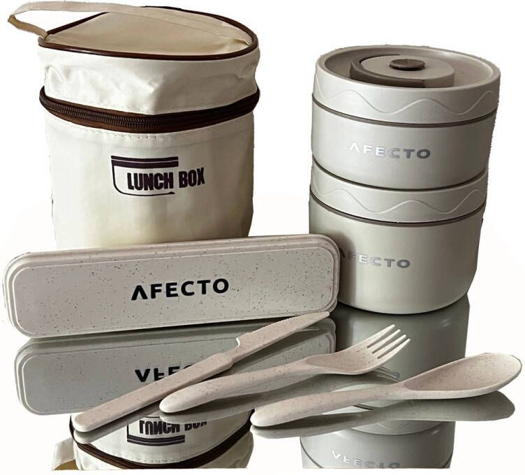 Afecto Premium RVS Lunchbox met Isolatie Koeltas + bestekset- to go-Muesli Beker- warm en koud Duurzaam RVS