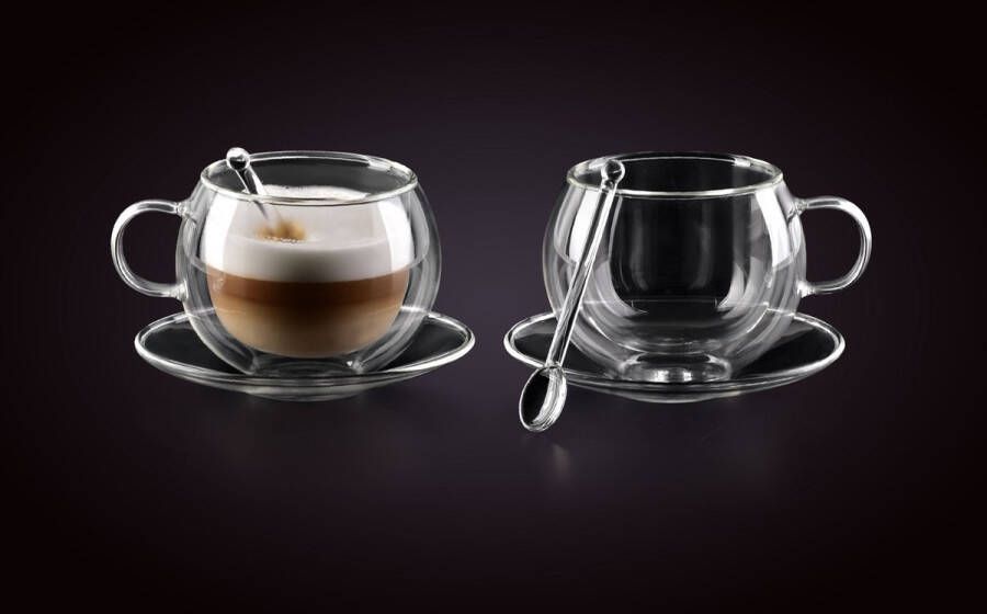 Affekdesign Dubbelwandige Glazen met Schotel & Lepel 250 ml Set van 2 Koffieglazen Theeglas Cappuccino Glazen Latte Macchiato Glazen Glas