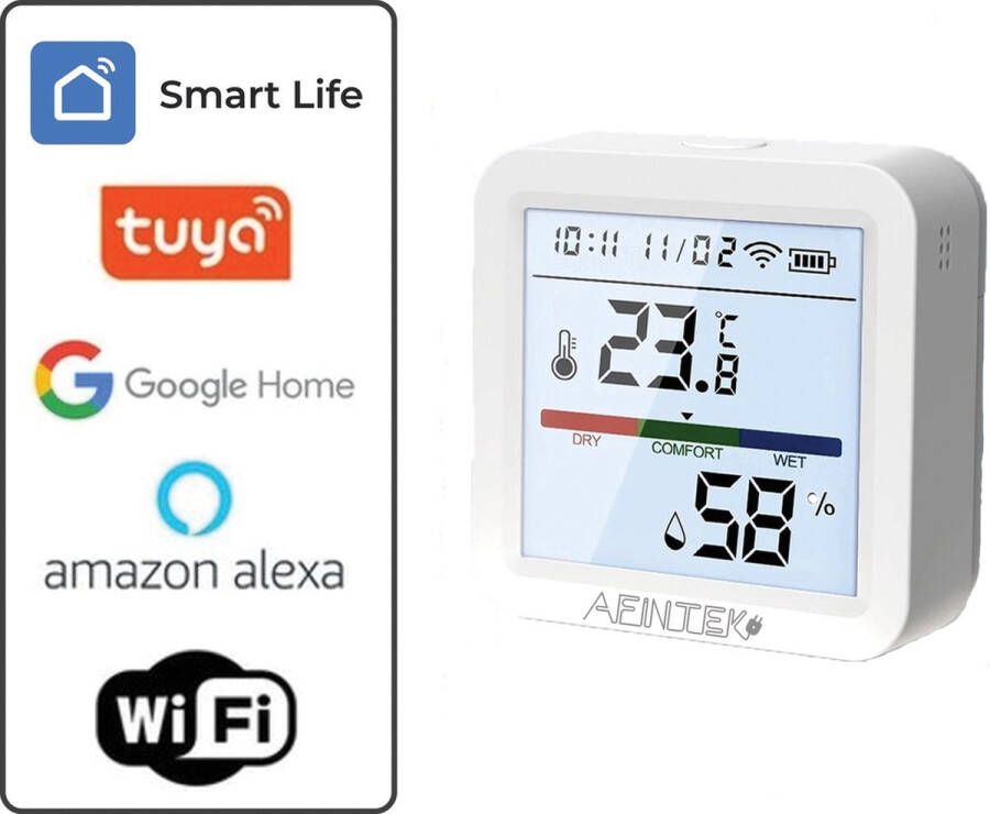 AFINTEK Smart Life Thermometer & Hygrometer WiFi Achtergrondverlichting Batterij Versie (TH03)